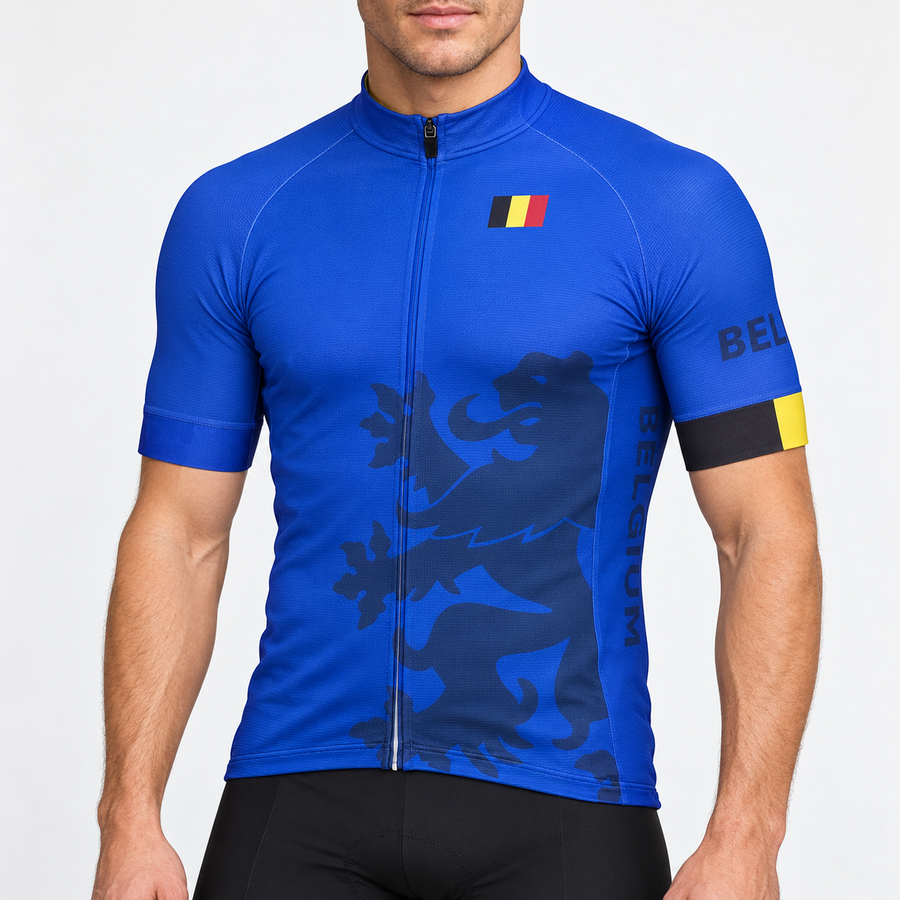 Male model wearing the blue short-sleeve Belgium cycling jersey with dark lion graphic, Belgian flag and black cycling shorts, shown from the lower lip down against a neutral studio background.