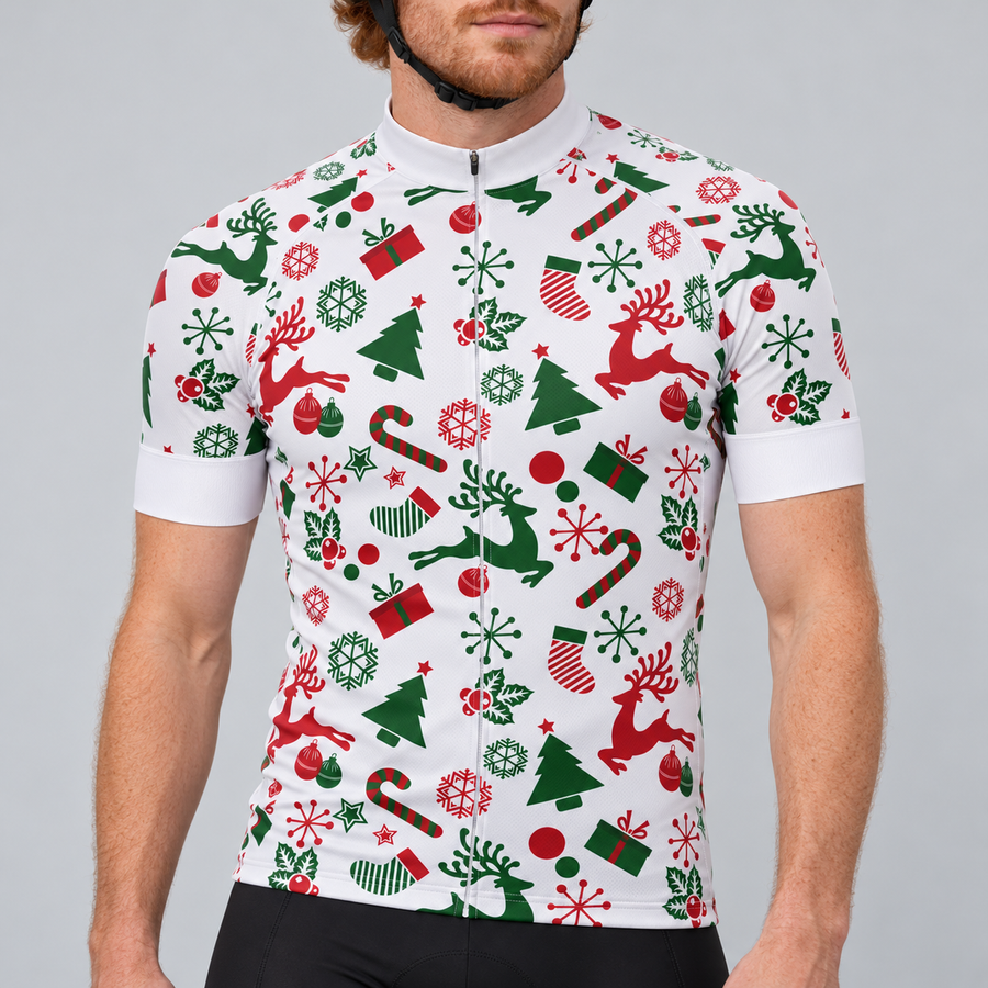 Male model wearing the white short-sleeve Christmas cycling jersey with red and green reindeer, trees, candy canes and festive motifs, shown from the chin down with black cycling shorts against a neutral studio background.