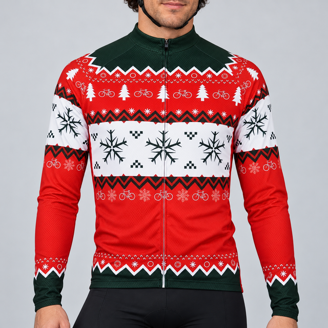Male model wearing the red, white and dark-green long-sleeve Christmas Jumper cycling jersey with bicycle, tree, snowflake and knitted-effect bands, shown from the chin down with black cycling shorts against a neutral studio background.
