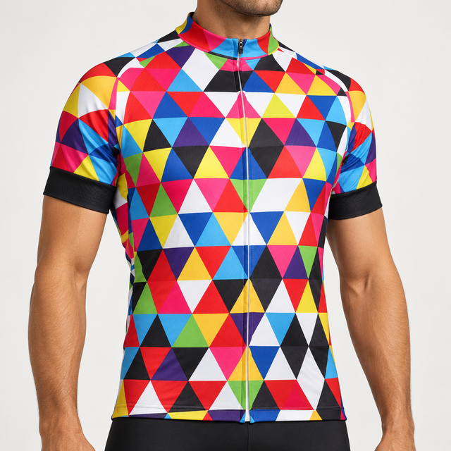 Male model wearing the Colourful Triangles short-sleeve cycling jersey in a tailored club fit
