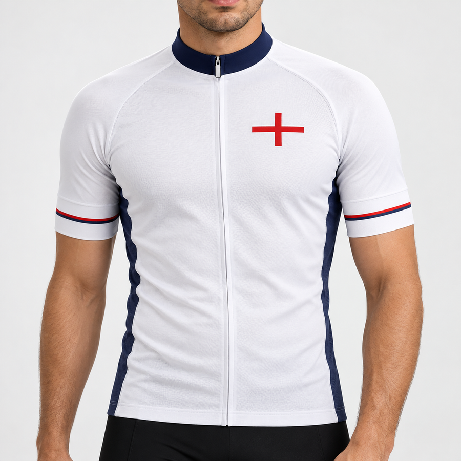 Male model wearing the white England 2024 football-inspired short-sleeve cycling jersey with navy collar and side panels, red and navy cuff stripes and a red St George cross, shown from the lower lip down against a neutral studio background.