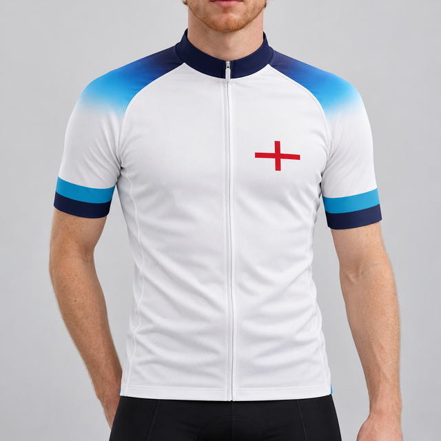 Male model wearing the white England 2022 football-inspired short-sleeve cycling jersey with blue gradient shoulders, navy and turquoise cuffs and a red St George cross, shown from the chin down against a neutral studio background.