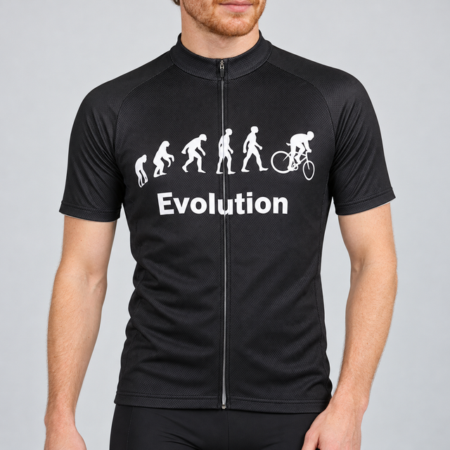 Male model wearing the black Evolution Of Man short-sleeve cycling jersey with white evolution silhouettes, cyclist graphic and Evolution wording, shown from the chin down against a neutral studio background.