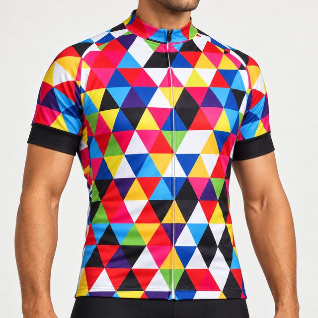 Man wearing the Colourful Triangles short-sleeve cycling jersey in a studio.