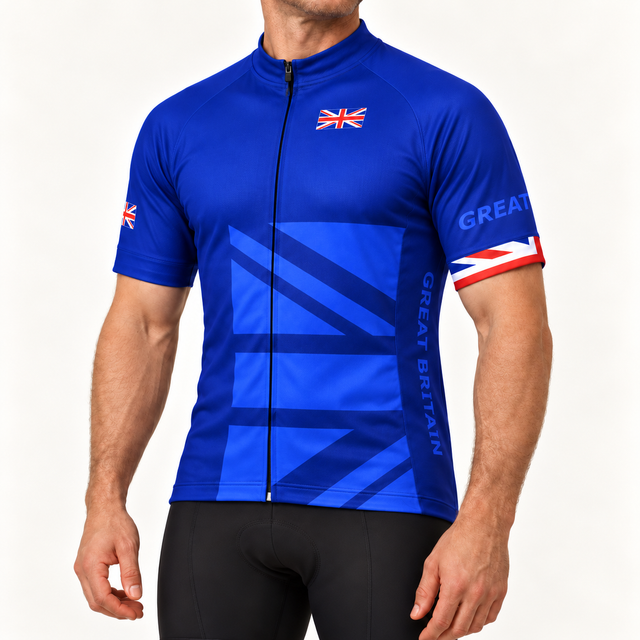 Man wearing the Great Britain short-sleeve cycling jersey in a studio.