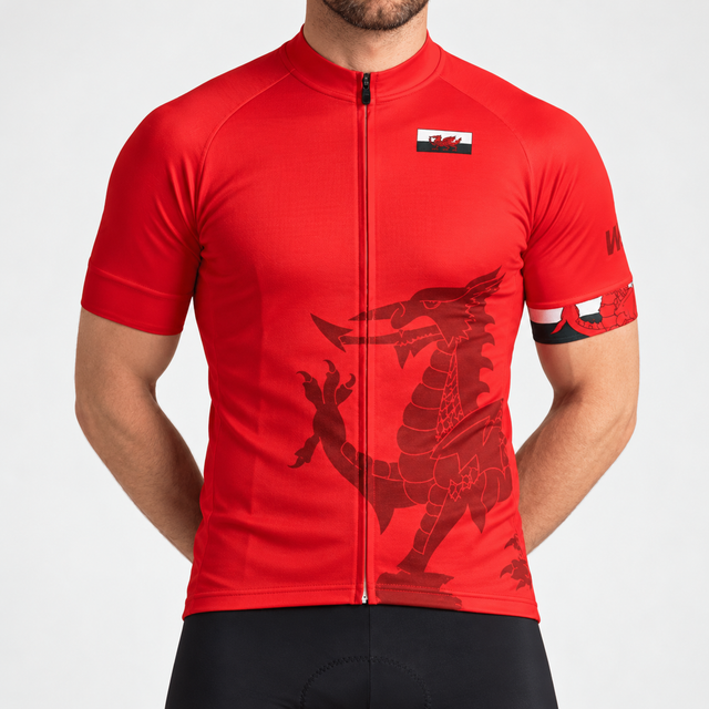 Man wearing the Wales short-sleeve cycling jersey in a studio.