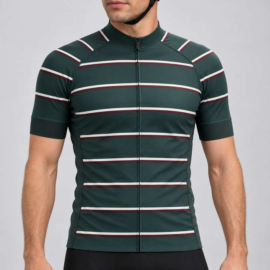 Male model wearing the dark green short-sleeve GG BASICS Green Hoops cycling jersey with cream and burgundy horizontal stripes, shown with black cycling shorts against a light grey studio background.