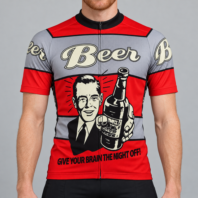 Male model shown from the chin down wearing the red and grey short-sleeve Beer cycling jersey with cream Beer lettering, a man holding a bottle illustration and Give Your Brain The Night Off slogan, against a light grey studio background.