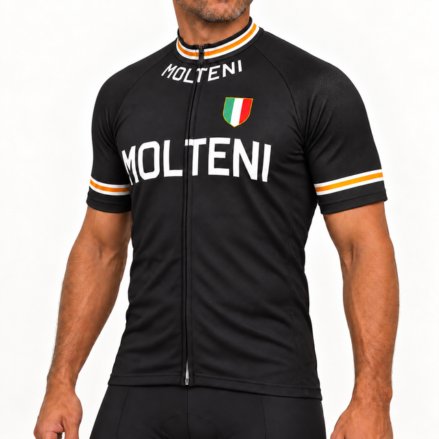 Male model wearing the black Retro Molteni short-sleeve cycling jersey in a three-quarter studio pose