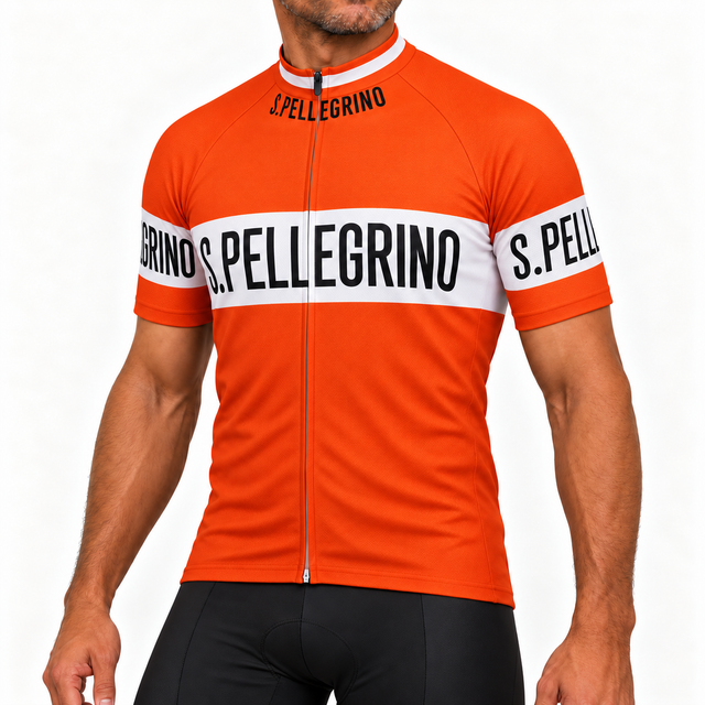 Male model wearing the orange S. Pellegrino short-sleeve cycling jersey in a three-quarter studio pose