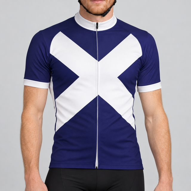 Male model shown from the chin down wearing the navy and white Scotland Flag short-sleeve cycling jersey against a light grey studio background.