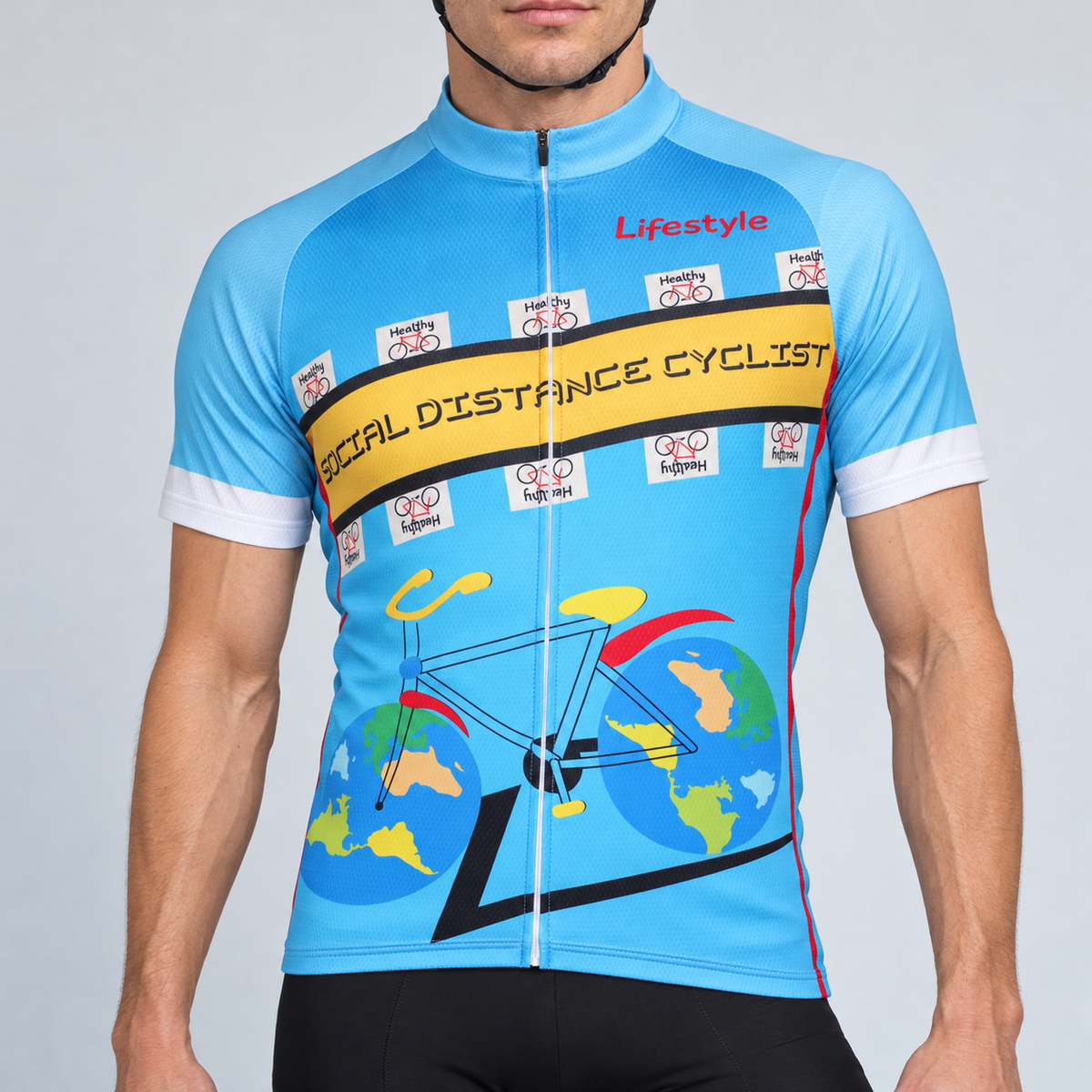 Male model shown from the chin down wearing the blue Social Distance Cyclist short-sleeve cycling jersey with yellow slogan band, bicycle and globe graphics against a light grey studio background.