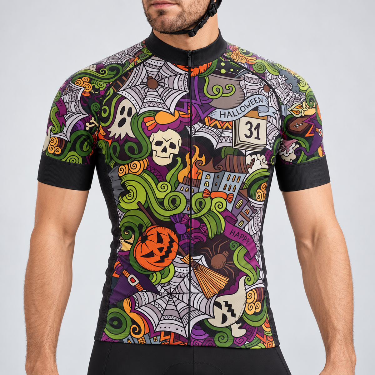 Male model wearing the short-sleeve 31st October Halloween cycling jersey with colourful spooky graphics and black cycling shorts, shown from the chin down.