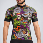Male model wearing the short-sleeve 31st October Halloween cycling jersey with colourful spooky graphics and black cycling shorts, shown from the chin down.