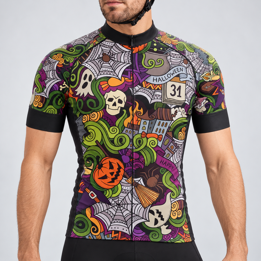 Male model wearing the short-sleeve 31st October Halloween cycling jersey with colourful spooky graphics and black cycling shorts, shown from the chin down.