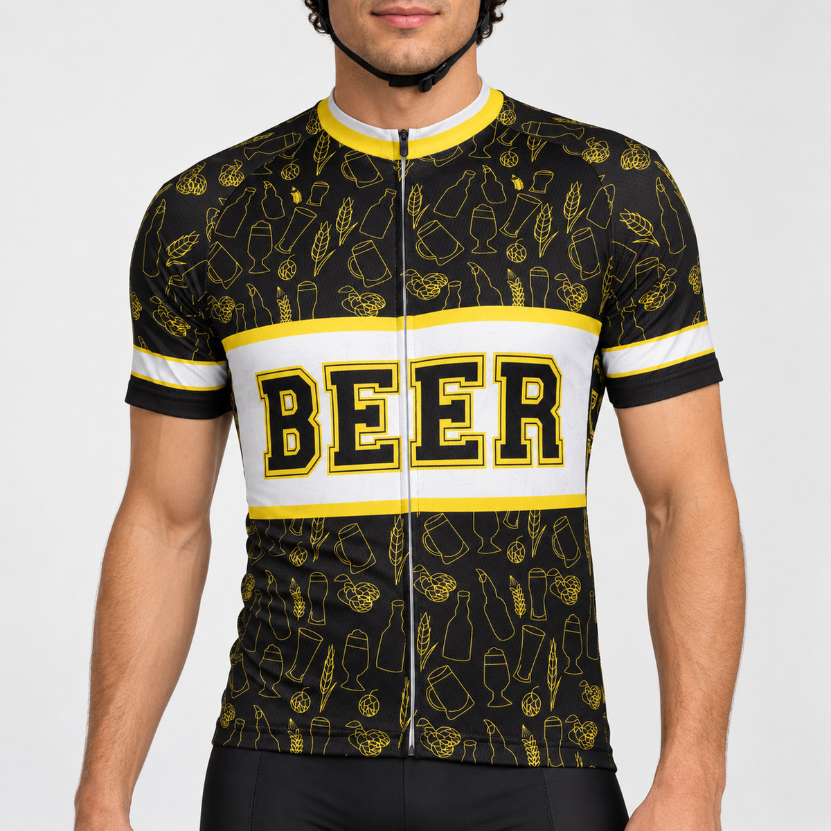 Male model wearing the black, white and yellow short-sleeve Beer cycling jersey with BEER lettering and beer-themed line graphics, shown from the lower lip down with black cycling shorts against a neutral studio background.