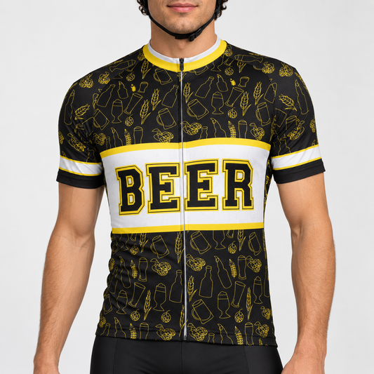 Male model wearing the black, white and yellow short-sleeve Beer cycling jersey with BEER lettering and beer-themed line graphics, shown from the lower lip down with black cycling shorts against a neutral studio background.