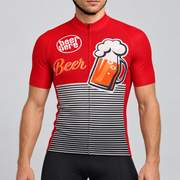Male model wearing the red, black and white short-sleeve Beer Here cycling jersey with beer mug graphic, Beer lettering and striped lower half, shown from the lower lip down with black cycling shorts against a neutral studio background.