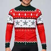 Male model wearing the red, white and dark-green long-sleeve Christmas Jumper cycling jersey with bicycle, tree, snowflake and knitted-effect bands, shown from the chin down with black cycling shorts against a neutral studio background.