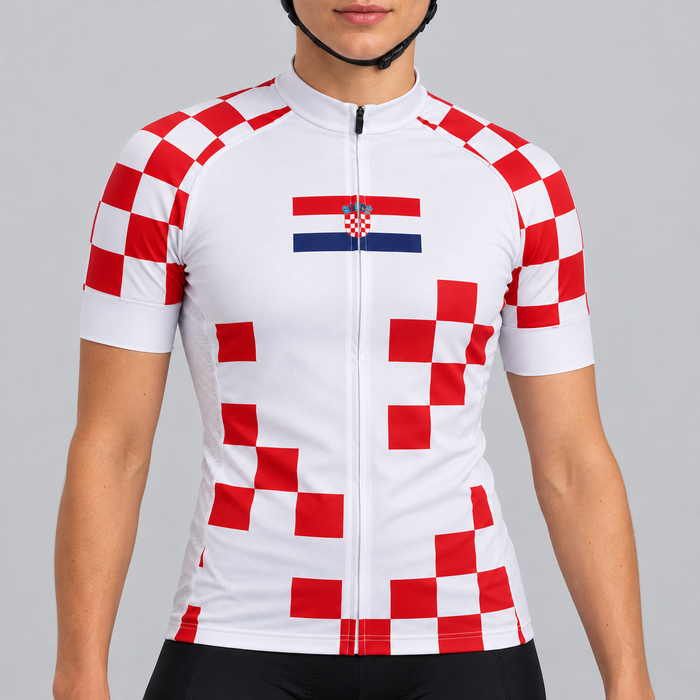Female model wearing the white and red checkerboard Croatia 2024 football-inspired short-sleeve cycling jersey with black cycling shorts against a light grey studio background.