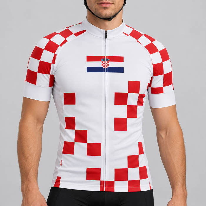 Male model wearing the white and red checkerboard Croatia 2024 football-inspired short-sleeve cycling jersey with black cycling shorts, shown from the chin down against a neutral studio background.