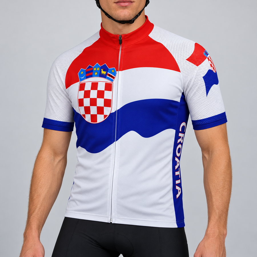 Male model wearing the white, red and blue short-sleeve Croatia cycling jersey with Croatian checkerboard crest and black cycling shorts, shown from the chin down against a neutral studio background.