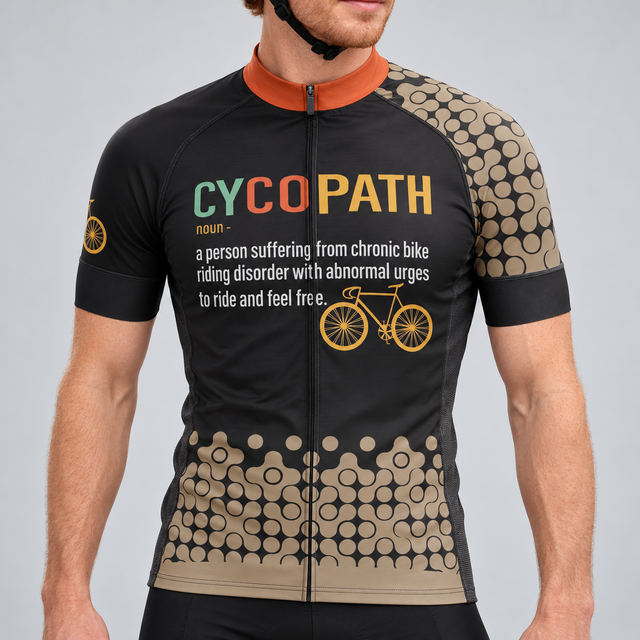 Male model wearing the black, orange and taupe short-sleeve Cycopath cycling jersey with dictionary-style wording, bicycle graphic and circular pattern, shown from the chin down with black cycling shorts against a neutral studio background.