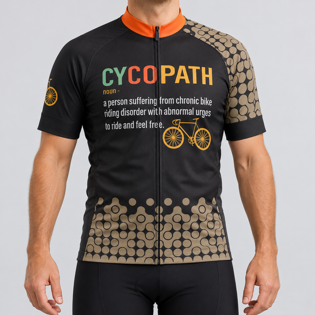 Man wearing the Cycopath short-sleeve cycling jersey in tailored club fit, studio front view.