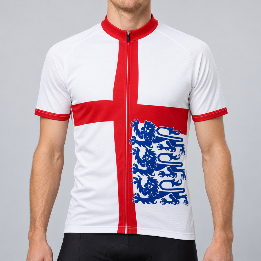 Male model wearing the white England Flag 3 Lions short-sleeve cycling jersey with a red St George cross and three blue lions, shown from the chin down against a neutral studio background.