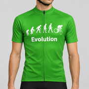 Male model wearing the bright green Evolution Of Man short-sleeve cycling jersey with white evolution silhouettes, cyclist graphic and Evolution wording, shown from the chin down against a neutral studio background.