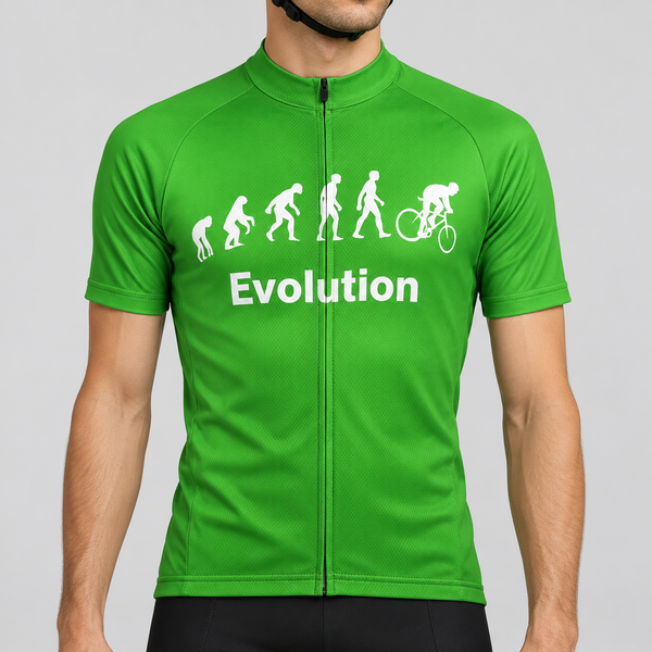 Male model wearing the bright green Evolution Of Man short-sleeve cycling jersey with white evolution silhouettes, cyclist graphic and Evolution wording, shown from the chin down against a neutral studio background.