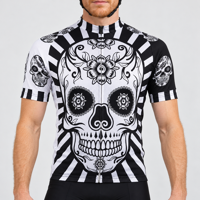 Male model wearing the black and white short-sleeve Flower Skull Print cycling jersey with floral skull graphics and striped trim, shown from the lower lip down with black cycling shorts against a neutral studio background.