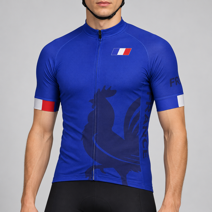 Male model wearing the royal blue short-sleeve France cycling jersey with a dark rooster graphic, French tricolour details and vertical France lettering, shown from the chin down with black cycling shorts against a neutral studio background.