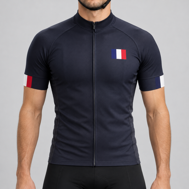 Male model wearing the dark navy short-sleeve France 2022 Football Inspired cycling jersey with French tricolour chest and cuff details, shown from the chin down with black cycling shorts against a neutral studio background.