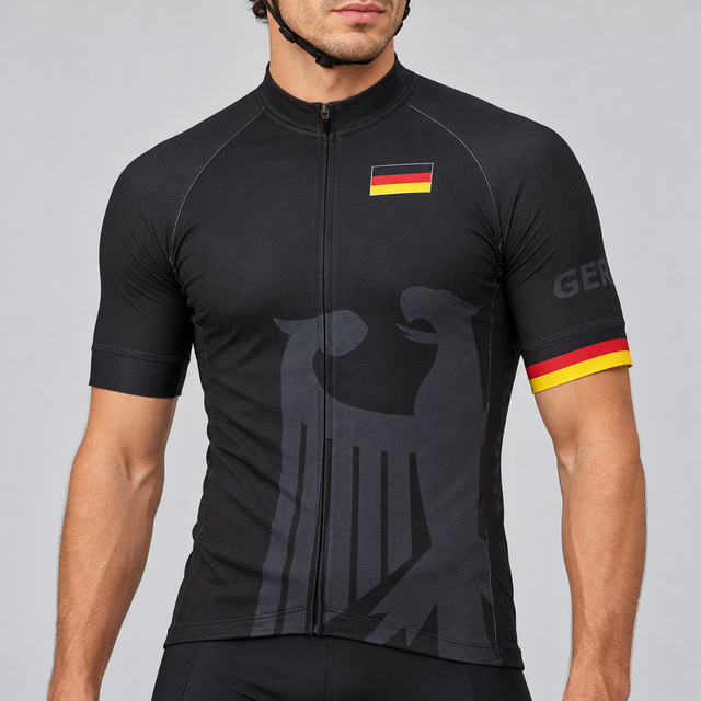 Male model wearing the black short-sleeve Germany cycling jersey with a German flag, dark eagle graphic and black-red-gold sleeve trim, shown from the chin down with black cycling shorts against a neutral studio background.