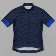 GG BASICS Blue With Light Blue Sleeve Cycling Jersey laid flat showing the front design