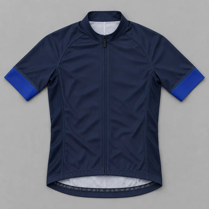 GG BASICS Blue With Light Blue Sleeve Cycling Jersey laid flat showing the front design