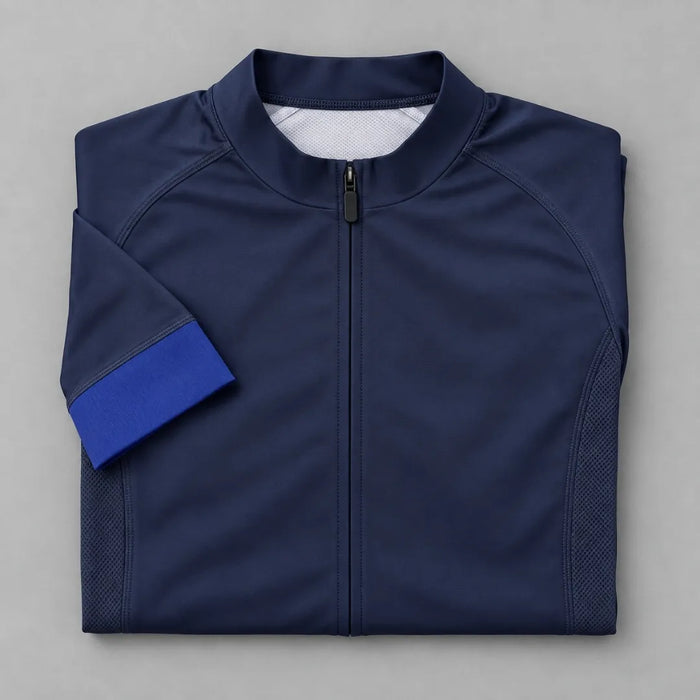 GG BASICS Blue With Light Blue Sleeve Cycling Jersey folded showing the jersey design