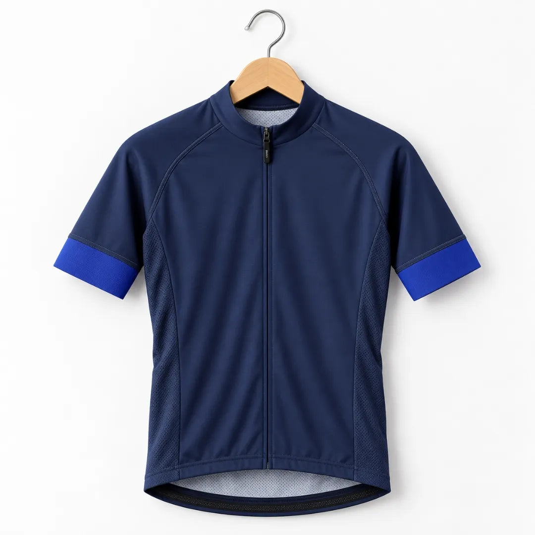 GG BASICS Blue With Light Blue Sleeve Cycling Jersey hanging on a hanger
