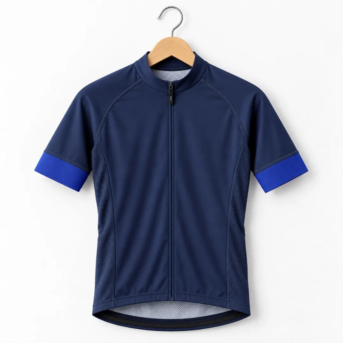 GG BASICS Blue With Light Blue Sleeve Cycling Jersey hanging on a hanger
