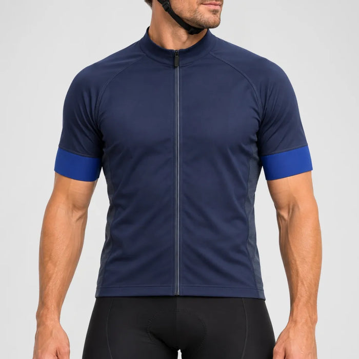Male cyclist wearing the GG BASICS Blue With Light Blue Sleeve Cycling Jersey
