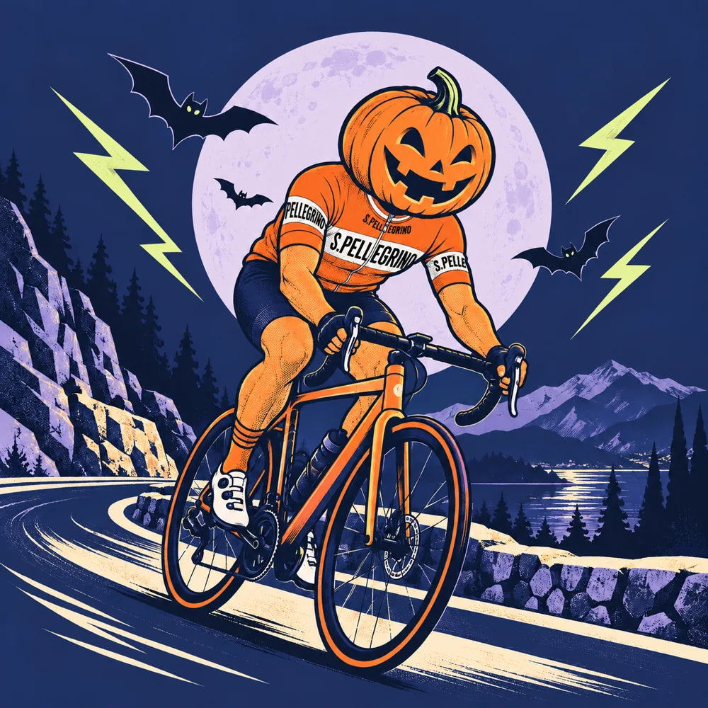 Pumpkin cyclist wearing the orange San Pellegrino cycling jersey