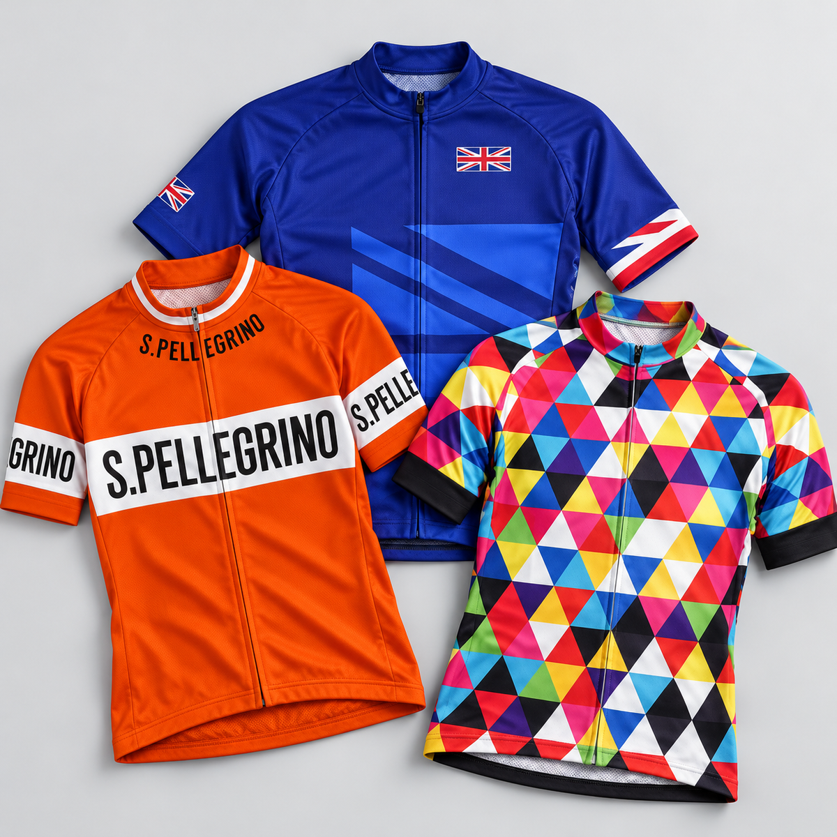 Pellegrino, Great Britain and Colourful Triangles cycling jerseys together