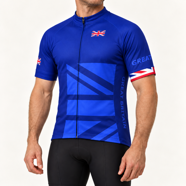 Male model wearing the blue Great Britain short-sleeve cycling jersey in a tailored club fit