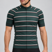 Male model wearing the dark green short-sleeve GG BASICS Green Hoops cycling jersey with cream and burgundy horizontal stripes, shown with black cycling shorts against a light grey studio background.