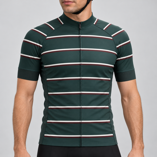 Male model wearing the dark green short-sleeve GG BASICS Green Hoops cycling jersey with cream and burgundy horizontal stripes, shown with black cycling shorts against a light grey studio background.