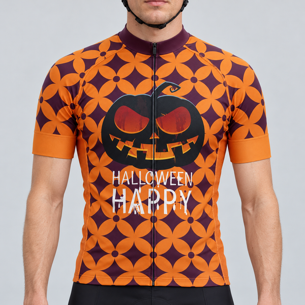 Male model shown from the chin down wearing the burgundy and orange Halloween Happy short-sleeve cycling jersey with a black jack-o-lantern graphic and white Halloween Happy lettering against a light grey studio background.