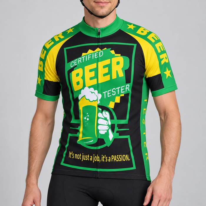 Male model wearing the black, green and yellow short-sleeve Certified Beer Tester cycling jersey with beer glass graphic and black cycling shorts, shown from the chin down against a neutral studio background.