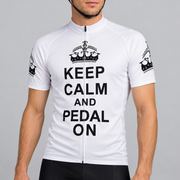 Male model shown from the lower lip down wearing the white short-sleeve Keep Calm and Pedal On cycling jersey with black crown graphics and stacked black lettering against a light grey studio background.