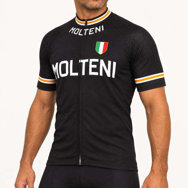 Male model wearing the black Retro Molteni short-sleeve cycling jersey in a three-quarter studio pose